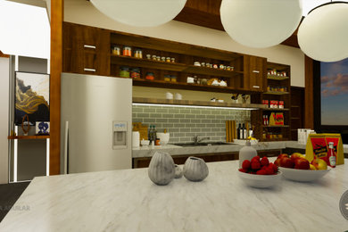 Inspiration for a modern white floor and wood ceiling eat-in kitchen remodel in Other with an undermount sink, open cabinets, dark wood cabinets, granite countertops, stainless steel appliances, an island and white countertops