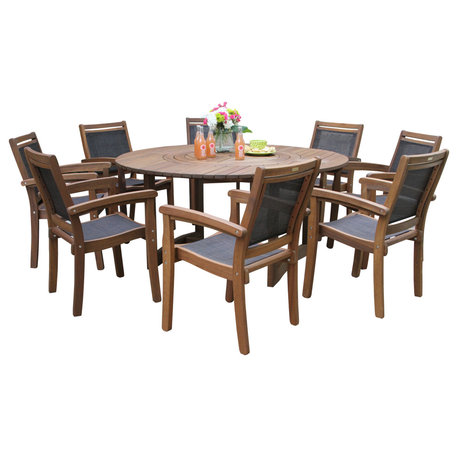 9-Piece Eucalyptus Round Lazy Susan Dining set With 8 Stacking Sling Armchairs