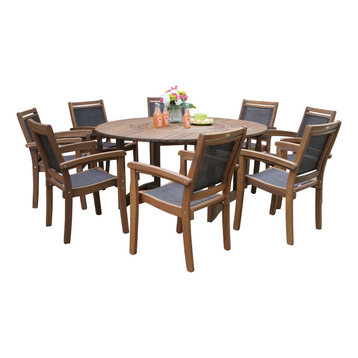 9-Piece Eucalyptus Round Lazy Susan Dining set With 8 Stacking Sling Armchairs