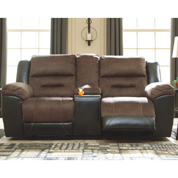 Contemporary Reclining Sofa, Faux Leather Upholstery With Suede Feel, Chestnut