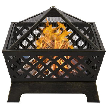 Bronze Steel Outdoor Fire Pit Bowl With Heat-Resistant Coating And Spark Screen