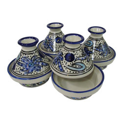 Le Souk Ceramique - Mini Stoneware Tagines, Set of 4, Aqua Fish Design - Specialty Cookware