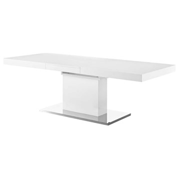 Contemporary Expandable Dining Table, Pedestal Base With Rectangular Top, White