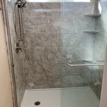 Pompeii Marble shower with Roman Block Simulated Tile
