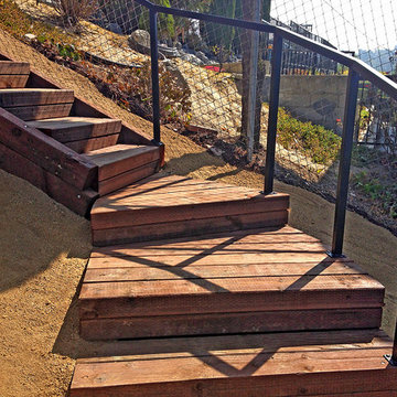 Rustic Redwood Steps & Stairs with Metal Railing