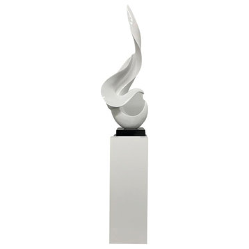 White Flame Floor Sculpture With White Stand, 65" Tall
