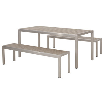 Ashley Coral Outdoor Picnic Dining Set With Dining Benches, Natural/Silver