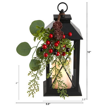 12" Holiday Berry & Greenery Lantern Faux Table Arrangement W/ LED Candle