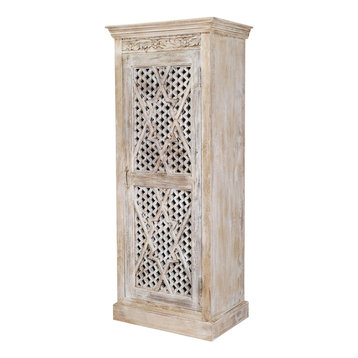 Barron Lattice Door Rustic Mango Wood Distressed White Linen Cabinet