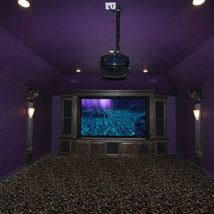 Inspiration for a modern enclosed home cinema in Dallas with purple walls, carpet and a projector screen.