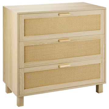 Spacious End Table, Large Storage Drawers With Woven Rattan Front Detail, Beige