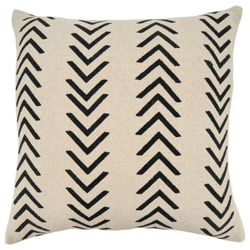 Cotton Pillow With Mudcloth Chevron Design, Natural, 18", Down Filled