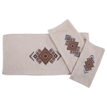 Sedona Embroidered Aztec Towel Set, Cream, 3 Piece