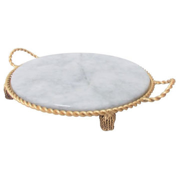 Luxe Ornate Round Gold Swag Tassel Decorative Tray White Marble Twisted Rope