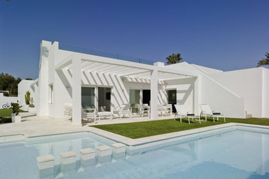 Ejemplo de piscina alargada minimalista de tamaño medio a medida en patio con paisajismo de piscina y adoquines de piedra natural