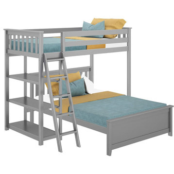Twin Over Full Bunk Bed, Slat Support With Integrated Bookcase and Ladder, Grey