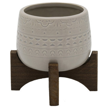 3.5" Mayan Ceramic On Stand, Light Grey