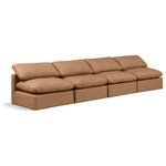 Meridian Furniture - Indulge Upholstered Modular Sofa, Cognac, 4-Piece: 4 Armless Chair, Fiber Stuffed Vegan Leather - Experience ultimate comfort and style with our cognac vegan leather Indulge Sofa. The luxurious vegan leather will elevate the aesthetic of any room. This sofa provides ample space for you to relax while its modular build offers the option of unlimited configurations. Whether you're looking to add a stylish element to your living room or a comfortable seating option to your bedroom, this sofa is the perfect choice.