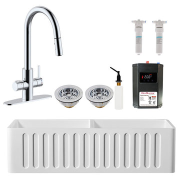 36" Double Bowl Solid Surface Reversible Sink and Instant Hot Faucet Kit, Polished Chrome
