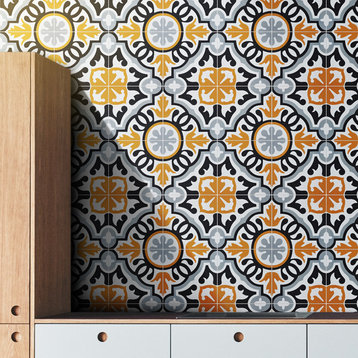 8"x8" Baha Handmade Cement Tile, Orange/Black/Gray, Set of 12