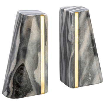 Modern Marble Bookends with Brass Detail, Set of 2, Grey