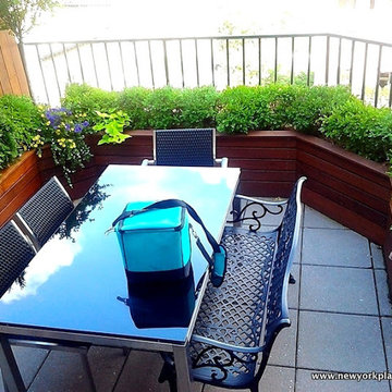 NYC Roof Garden: Terrace Deck, Wood Planter Box, Fence, Containers, Irrigation