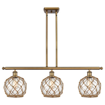 Farmhouse Rope 3-Light Island-Light, Brushed Brass, Clear Glass With Brown Rope