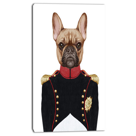 French Bulldog in Military Uniform, Animal Canvas Art Print, 16"x32"