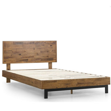 Traditional Full Platform Bed, Pinewood Frame With Rectangular Headboard, Brown