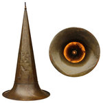 Consigned Vintage Gramophone Lights, Brass - These beautiful vintage gramophone horns in a selection of colors and hand-painted details. have been given new life as pendant fixtures. We have installed sockets and cloth cord for hardwire installation.