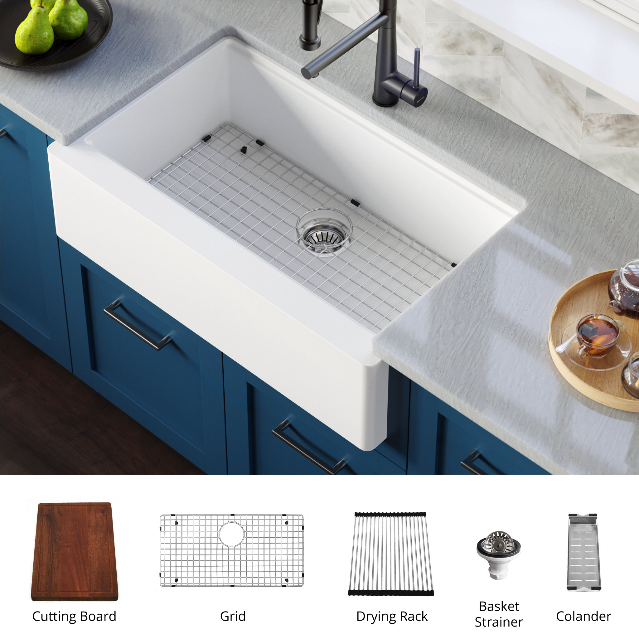 Karran 34" Quartz Farmhouse Single Bowl Workstation Kitchen Sink, White
