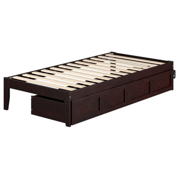 Twin Size Platform Bed, Wooden Frame With USB Ports and Trundle, Espresso