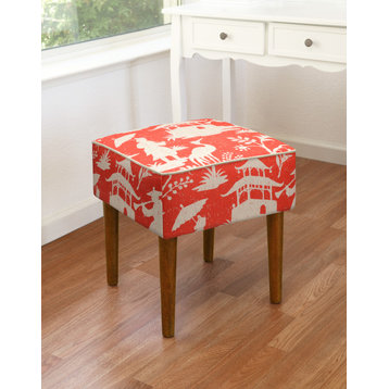 Chinoiserie Modern Vanity Stool, Coral Red