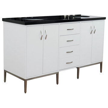 61" Double Sink Vanity, White Finish With Black Galaxy Granite And Oval Sink