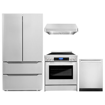 4-Piece, 30" Electric Range, 30" Range Hood, Dishwasher and Refrigerator