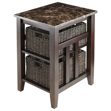 Winsome Zoey Faux Marble Top Solid Wood Side Table with 2 Baskets in Walnut