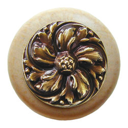 Inviting Home Inc. - Chrysanthemum Natural Wood Knob, Unfinished With Antique-Style Brass - Cabinet And Drawer Knobs