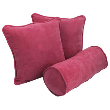 Double-Corded Solid Microsuede Throw Pillows With Inserts, Set of 3, Bery Berry