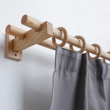 QYT05 1-1/8" Ash Wood Square bracket Single Double Curtain Rod Sets