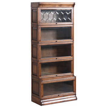 Crafters and Mission Style Oak  5 Stack Barrister Bookcase with Leaded Glass, Walnut