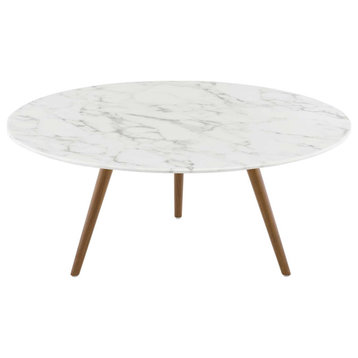 Lippa 36" Round Artificial Marble Coffee Table with Tripod Base Walnut White
