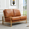LeisureMod Jefferson Faux Leather Design Loveseat With Gold Frame Cognac Tan