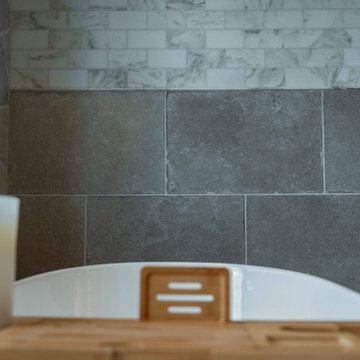 Mixed Stone Tile Wall: Gray Slate and Marble Subway - La Jolla Bath