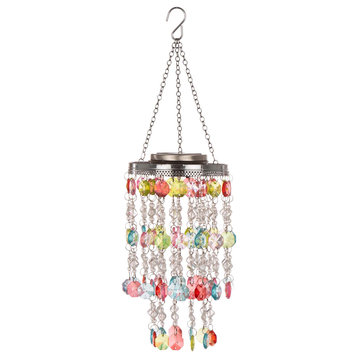 18.75" Solar Lighted Hanging Chandelier With Acrylic Multicolored Jewel Beads