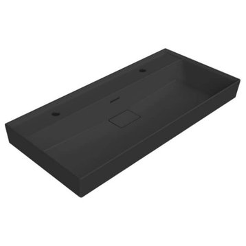 Trough Matte Black Wall Mounted or Drop In Sink in Ceramic, Two Hole