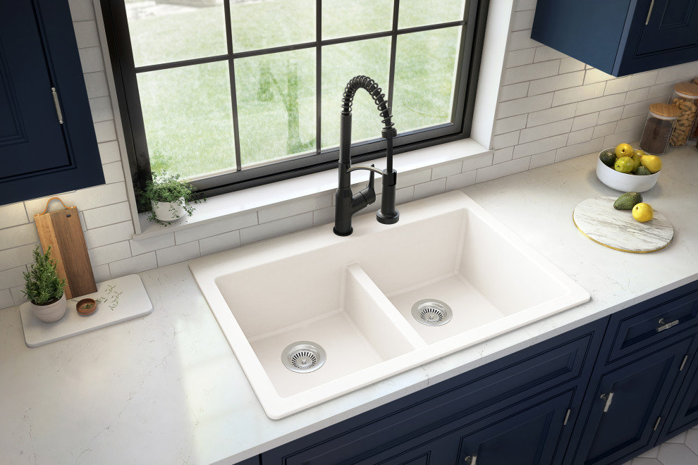 Karran 33" Top Mount Double Equal Bowl Quartz Kitchen Sink, White