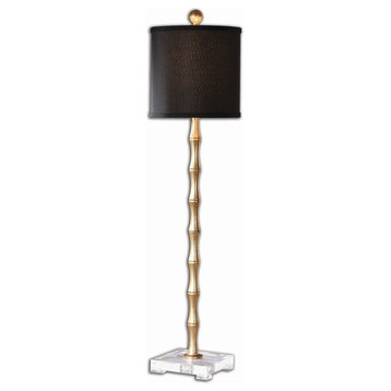 Classic Gold Metal Bamboo Pole Buffet Lamp 36 in Antique Style Black Shade Luxe