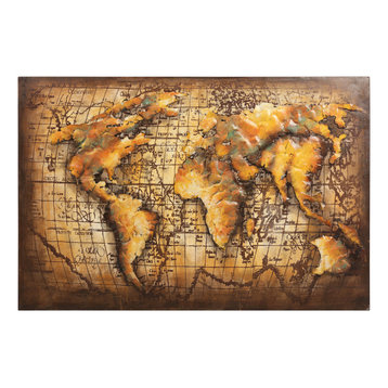 "Globe" World Map Mixed Media Iron Hand Painted Dimensional Wall Decor 48"x32"