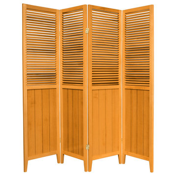 Elegant Room Divider, Double Hinged Louvered Accented Screen, Yellow/4 Panels