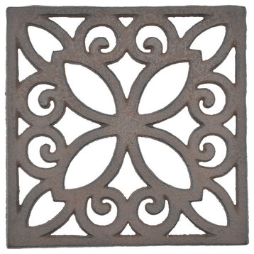 Decorative Square Brown Cast Iron Trivet, Ornate Design, 6.25"